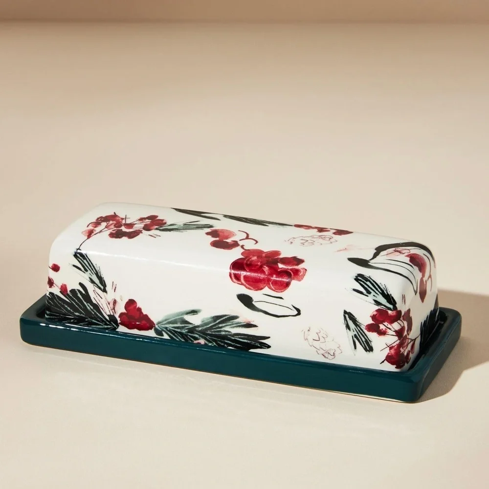 NWT Anthropologie Holly and Pear Butter Dish Christmas